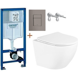 Инсталляция с подвесным унитазом комплект: Grohe Rapid SL 38772001+38732A00 с подвесным безободковым унитазом BelBagno Uno BB3105CHR/SC сиденье микролифт, крепление, кнопка смыва графит, Цвет производителя: графит - фото 