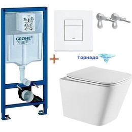 Инсталляция с подвесным унитазом комплект: Grohe Rapid SL 38772001+38732WM0 с подвесным безободковым унитазом Azario Teramo AZ-0052-UQ сиденье микролифт, крепление, кнопка смыва белый матовый, Цвет производителя: белый матовый - фото 