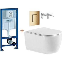 Инсталляция с подвесным унитазом комплект: Grohe Rapid SL 38772001+38732GL0 с подвесным безободковым унитазом Aquatek Европа AQ1106-00 сиденье микролифт, крепление, кнопка смыва золото глянцевое, Цвет производителя: золото глянцевое - фото 