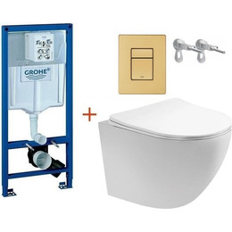 Инсталляция с подвесным унитазом комплект: Grohe Rapid SL 38772001+38732GN0 с подвесным безободковым унитазом Aquatek Европа AQ1900-00 сиденье микролифт, крепление, кнопка смыва золото матовое, Цвет производителя: золото матовое - фото 