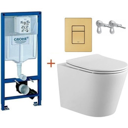 Инсталляция с подвесным унитазом комплект: Grohe Rapid SL 38772001+38732GN0 с подвесным безободковым унитазом Aquatek Вега AQ1904-00 сиденье микролифт, крепление, кнопка смыва золото матовое, Цвет производителя: золото матовое - фото 