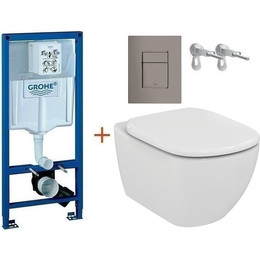 Инсталляция с подвесным унитазом комплект: Grohe Rapid SL 38772001+38732A00 с подвесным безободковым унитазом Ideal Standard Tesi AquaBlade T007901 сиденье микролифт, крепление, кнопка смыва графит глянцевый, Цвет производителя: графит глянцевый - фото 