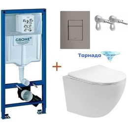 Инсталляция с подвесным унитазом комплект: Grohe Rapid SL 38772001+38732A00 с подвесным безободковым унитазом Aquatek Европа AQ1900T-00 сиденье микролифт, крепление, кнопка смыва графит глянцевый (система смыва Торнадо), Цвет производителя: графит глянцевый - фото 