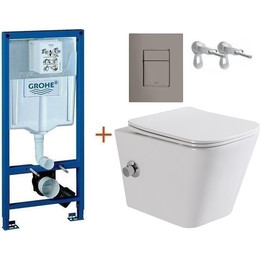 Инсталляция с подвесным унитазом комплект: Grohe Rapid SL 38772001+38732A00 с подвесным безободковым унитазом-биде BelBagno Due BB3103CHR-BS/SC сиденье микролифт, крепление, кнопка смыва графит глянцевый, Цвет производителя: графит глянцевый - фото 