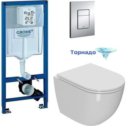 Инсталляция с подвесным унитазом комплект: Grohe Rapid SL 38772001 с подвесным безободковым унитазом Sintesi Evi SIN-TS-EVI-152 сиденье микролифт, крепление, кнопка смыва хром (система смыва Торнадо) - фото 