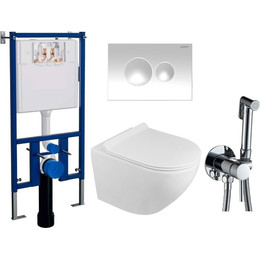 Инсталляция с подвесным унитазом комплект: Loranto 4501 с подвесным безободковым унитазом Grado AZ-0046N сиденье микролифт, кнопка смыва белая глянцевая + набор для гигиенического душа Haiba HB5511 - фото 