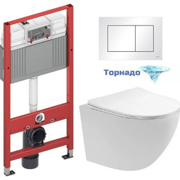 Инсталляция с подвесным унитазом комплект: TECEbase 2.0 9400413 с подвесным безободковым унитазом Aquatek Европа AQ1900T-00 сиденье микролифт, крепление, кнопка смыва белая (Система смыва торнадо) - фото 