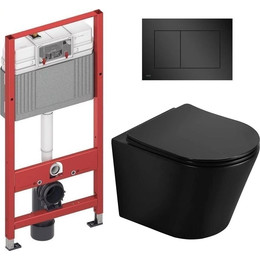 Инсталляция с подвесным унитазом комплект: TECEbase 2.0 9400414 с подвесным унитазом CeramaLux Rimless B2330-1MB сиденье микролифт, крепление, кнопка смыва чёрная матовая - фото 