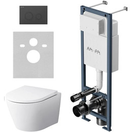 Инсталляция с подвесным унитазом комплект: Am.Pm ErgoFit FlashClean IS110138.741701 с подвесным безободковым унитазом, сиденье микролифт, кнопка смыва чёрная - фото 