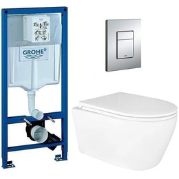 Инсталляция с подвесным унитазом комплект: Grohe Rapid SL 38772001 с подвесным безободковым унитазом Azario Uno AZ-2380 сиденье микролифт, крепление, кнопка смыва хром - фото 