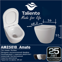 Унитаз подвесной безободковый Taliente Amato AM25010 с крышкой микролифт, Цвет производителя: белый - фото 