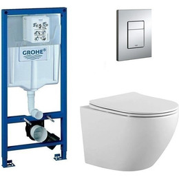 Инсталляция с подвесным унитазом комплект: Grohe Rapid SL 38772001 с подвесным безободковым унитазом Aquatek Европа AQ1901-00 сиденье микролифт, крепление, кнопка смыва хром, Цвет производителя: белый - фото 