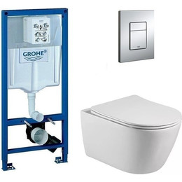 Инсталляция с подвесным унитазом комплект: Grohe Rapid SL 38772001 с подвесным безободковым унитазом Aquatek Бетта AQ1253W-00 сиденье микролифт, крепление, кнопка смыва хром - фото 