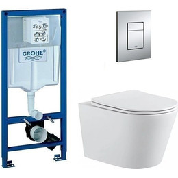 Инсталляция с подвесным унитазом комплект: Grohe Rapid SL 38772001 с подвесным унитазом Aquanet Rimless Atago 2.0 W LX-1905 сиденье микролифт, крепление, кнопка смыва хром - фото 