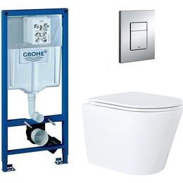 Инсталляция с подвесным унитазом комплект: Grohe Rapid SL 38772001 с подвесным безободковым унитазом Azario Teramo 0053 сиденье микролифт, крепление, кнопка смыва хром - фото 