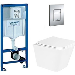 Инсталляция с подвесным унитазом комплект: Grohe Rapid SL 38772001 с подвесным безободковым унитазом Belbagno Due BB3103CHR/SC сиденье микролифт, крепление, кнопка смыва хром, Цвет производителя: белый - фото 