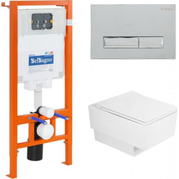 Инсталляция BelBagno BB002-80 с подвесным безободковым унитазом Cezares Cadro CZR-4823-CHR/CZR4823SC/BB002-80/BB010-MR-CHROME (кнопка смыва Marmi, хром глянец) - фото 