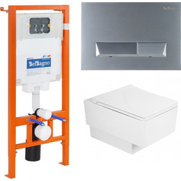 Инсталляция BelBagno BB002-80 с подвесным безободковым унитазом Cezares Cadro CZR-4823-CHR/CZR4823SC/BB002-80/BB011-MR-CHROME.M (кнопка смыва Marmi, хром матовый) - фото 