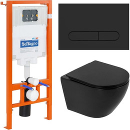 Инсталляция с подвесным безободковым унитазом BelBagno Colorato BB062CHR-MB/BB062SC-MB/BB002-80/BB007-PR-NERO.M (кнопка смыва Prospero, черный матовый) - фото 