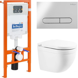 Инсталляция с подвесным безободковым унитазом BelBagno Senso-R BB017CHR/BB865SC/BB002-80/BB005-PR-CHROME (кнопка смыва Prospero, хром) - фото 