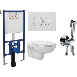 Инсталляция с подвесным унитазом комплект: Loranto 4501 с подвесным безободковым унитазом Fredo CS-WH8005 сиденье микролифт, кнопка смыва белая глянцевая + набор для гигиенического душа Haiba HB5511 - фото 