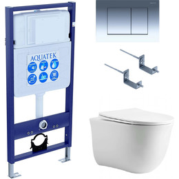 Инсталляция с подвесным унитазом комплект: Aquatek Set INS-0000012 с подвесным безободковым унитазом Классик AQ1112-00 сиденье микролифт, крепление, кнопка смыва хром глянцевая - фото 