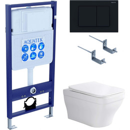 Инсталляция с подвесным унитазом комплект: Aquatek Set INS-0000012 с подвесным безободковым унитазом Амадео AQ1163-00 сиденье микролифт, крепление, кнопка смыва чёрная матовая - фото 