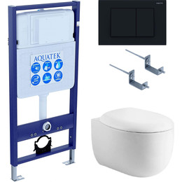 Инсталляция с подвесным унитазом комплект: Aquatek Set INS-0000012 с подвесным безободковым унитазом Альтаир AQ1980-00 сиденье микролифт, крепление, кнопка смыва чёрная матовая - фото 