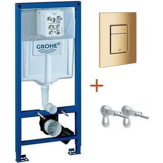 Инсталляция с подвесным унитазом комплект: Grohe Rapid SL 38772001+38732GL0 с подвесным безободковым унитазом BelBagno Uno BB3105CHR/SC сиденье микролифт, крепление, кнопка смыва золото глянцевое, Цвет производителя: золото глянцевое - фото 2