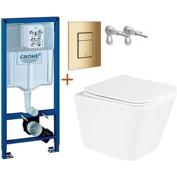 Инсталляция с подвесным унитазом комплект: Grohe Rapid SL 38772001+38732GL0 с подвесным безободковым унитазом BelBagno Due BB3103CHR/SC сиденье микролифт, крепление, кнопка смыва золото глянцевое, Цвет производителя: золото глянцевое - фото 