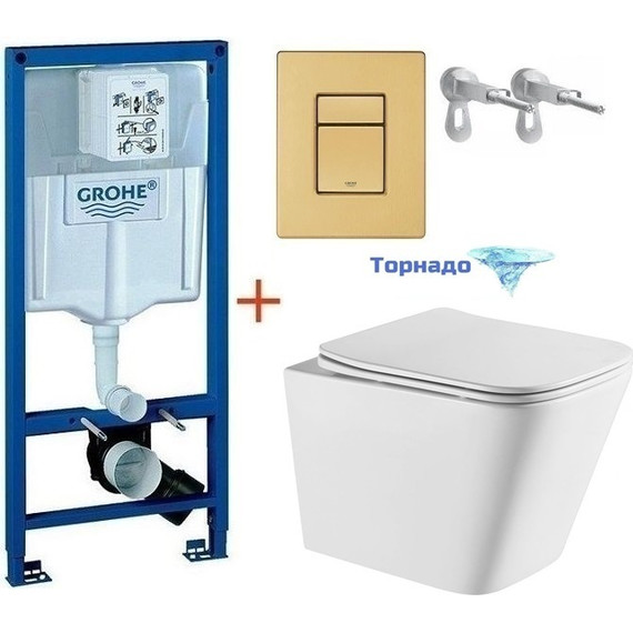 Инсталляция с подвесным унитазом комплект: Grohe Rapid SL 38772001+38732GN0 с подвесным безободковым унитазом Azario Teramo AZ-0052-UQ сиденье микролифт, крепление, кнопка смыва золото матовое, Цвет производителя: золото матовое - фото 