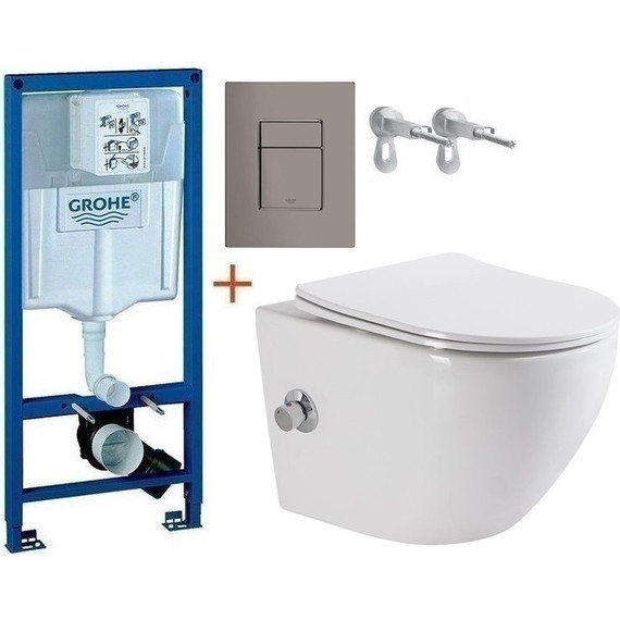 Инсталляция с подвесным унитазом комплект: Grohe Rapid SL 38772001+38732A00 с подвесным безободковым унитазом-биде BelBagno Uno BB3105CHR-BS/SC сиденье микролифт, крепление, кнопка смыва графит, Цвет производителя: графит - фото 