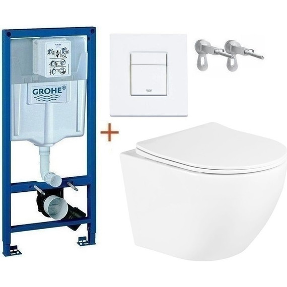 Инсталляция с подвесным унитазом комплект: Grohe Rapid SL 38772001+38732WM0 с подвесным безободковым унитазом BelBagno Uno BB3105CHR/SC сиденье микролифт, крепление, кнопка смыва белый матовый, Цвет производителя: белый матовый - фото 