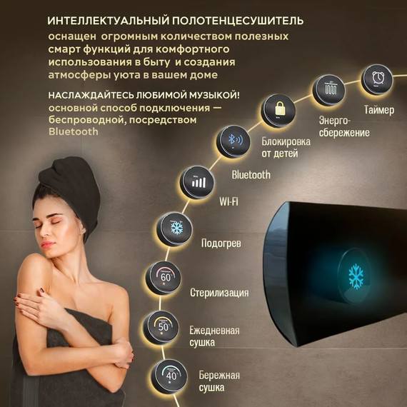 Первый в мире интеллектуальный полотенцесушитель Dagen One 470x145 мм OSB (скрытое подключение) чёрный матовый - фото 2