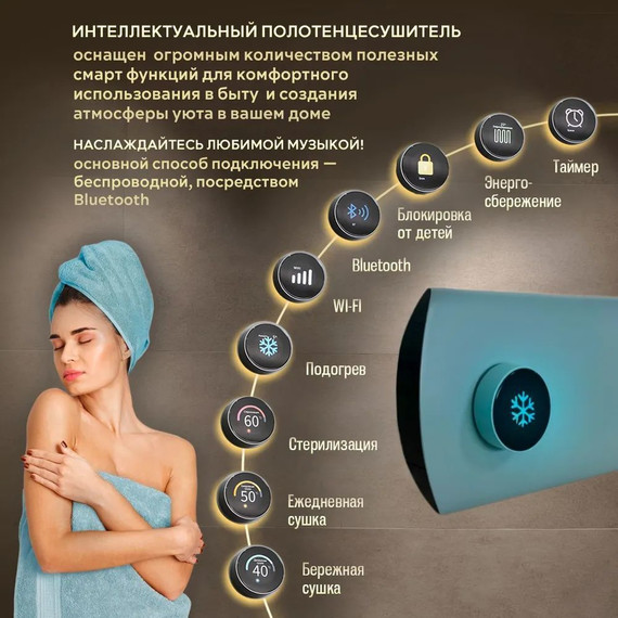 Первый в мире интеллектуальный полотенцесушитель Dagen One 470x145 мм OSL (скрытое подключение) лазурь - фото 2