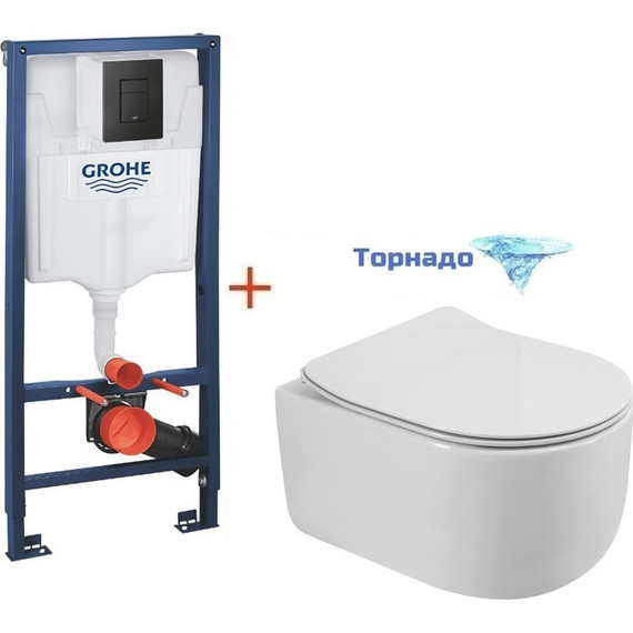 Инсталляция с подвесным унитазом комплект: Grohe Solido 38811KF0 с подвесным безободковым унитазом BelBagno Soft-Tor BB084CH-TOR/SC сиденье микролифт, крепление, кнопка смыва чёрная матовая, Цвет производителя: чёрный матовый - фото 