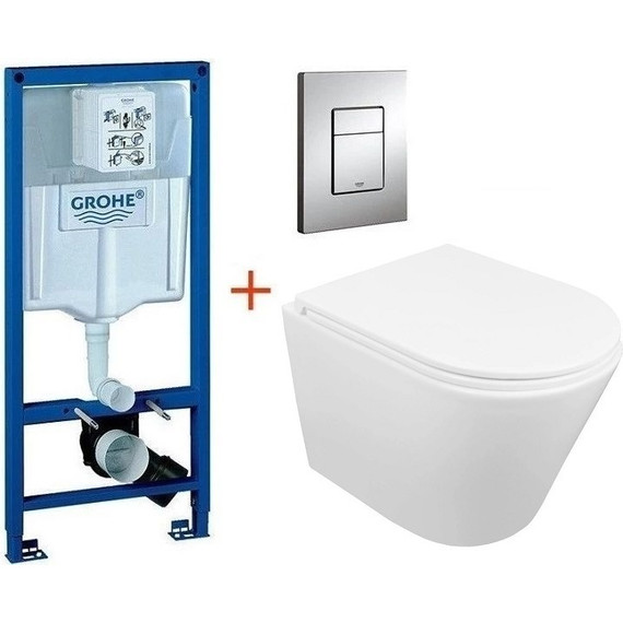 Инсталляция с подвесным унитазом комплект: Grohe Rapid SL 38772001 с подвесным безободковым унитазом Azario Teramo AZ-0053-UQ3 сиденье микролифт, крепление, кнопка смыва хром - фото 2