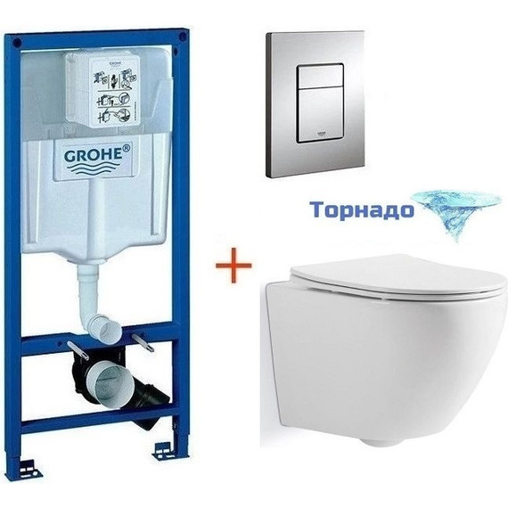 Инсталляция с подвесным унитазом комплект: Grohe Rapid SL 38772001 с подвесным унитазом Sole Pandora сиденье микролифт, крепление, кнопка смыва хром (система смыва Торнадо) - фото 