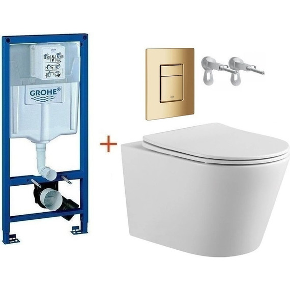 Инсталляция с подвесным унитазом комплект: Grohe Rapid SL 38772001+38732GL0 с подвесным безободковым унитазом Aquatek Вега AQ1905-00 сиденье микролифт, крепление, кнопка смыва золото глянцевое, Цвет производителя: золото глянцевое - фото 