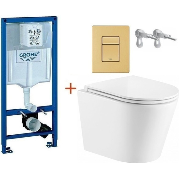 Инсталляция с подвесным унитазом комплект: Grohe Rapid SL 38772001+38732GN0 с подвесным безободковым унитазом Azario Fonti AZ-402W сиденье микролифт, крепление, кнопка смыва золото матовое, Цвет производителя: золото матовое - фото 