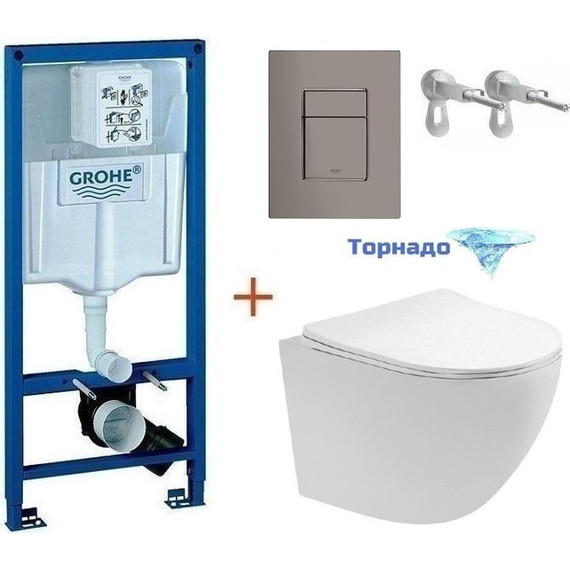 Инсталляция с подвесным унитазом комплект: Grohe Rapid SL 38772001+38732A00 с подвесным безободковым унитазом Aquatek Европа AQ1900T-00 сиденье микролифт, крепление, кнопка смыва графит глянцевый (система смыва Торнадо), Цвет производителя: графит глянцевый - фото 