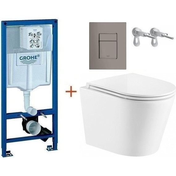 Инсталляция с подвесным унитазом комплект: Grohe Rapid SL 38772001+38732A00 с подвесным безободковым унитазом Azario Fonti AZ-402W сиденье микролифт, крепление, кнопка смыва графит глянцевый, Цвет производителя: графит глянцевый - фото 