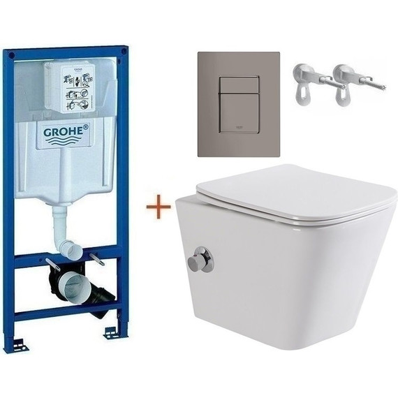 Инсталляция с подвесным унитазом комплект: Grohe Rapid SL 38772001+38732A00 с подвесным безободковым унитазом-биде BelBagno Due BB3103CHR-BS/SC сиденье микролифт, крепление, кнопка смыва графит глянцевый, Цвет производителя: графит глянцевый - фото 