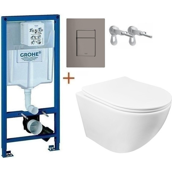 Инсталляция с подвесным унитазом комплект: Grohe Rapid SL 38772001+38732A00 с подвесным безободковым унитазом Azario Grado AZ-0046 SP сиденье микролифт, крепление, кнопка смыва графит, Цвет производителя: графит - фото 