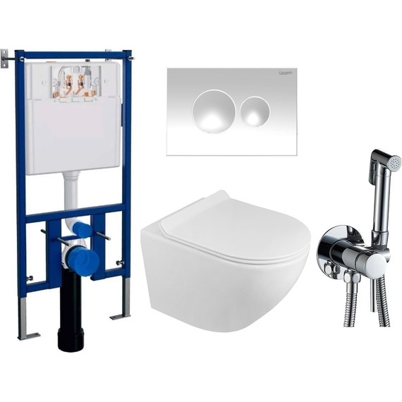 Инсталляция с подвесным унитазом комплект: Loranto 4501 с подвесным безободковым унитазом Grado AZ-0046N сиденье микролифт, кнопка смыва белая глянцевая + набор для гигиенического душа Haiba HB5511 - фото 