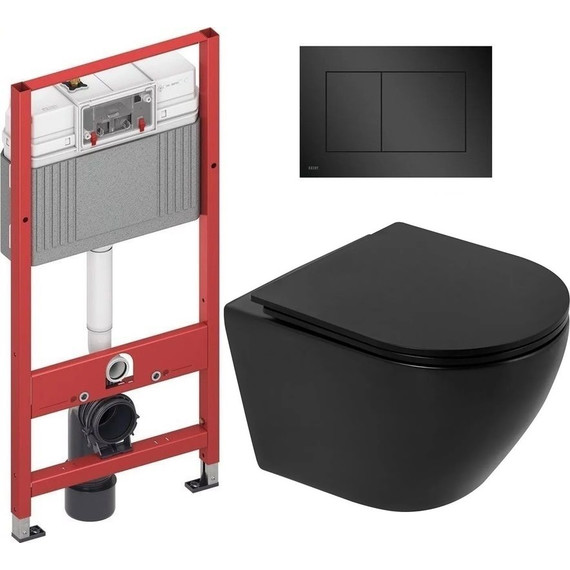Инсталляция с подвесным унитазом комплект: TECEbase 2.0 9400414 с подвесным безободковым унитазом BelBagno Colorato BB062CHR-MB сиденье микролифт, крепление, кнопка смыва чёрная матовая - фото 
