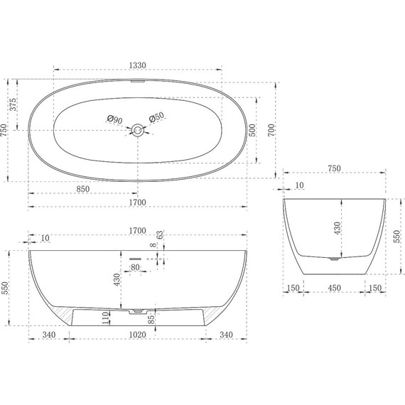 Ванна отдельностоящая Solid Surface Vincea 170x75 см VBT-6S01MG, серый/белый матовый - фото 4