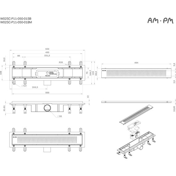 Душевой трап (лоток) 50 AM.PM PrimeFlow W02SC-P11-050-01BM комбинированный затвор с черной матовой решеткой, Цвет производителя: чёрный, Размер трапа: 500 - фото 12