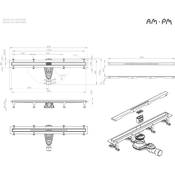 Душевой трап (лоток) 80 AM.PM MasterFlow Slim W01SC-S11-080-05BM комбинированный затвор с черной матовой решеткой - фото 12