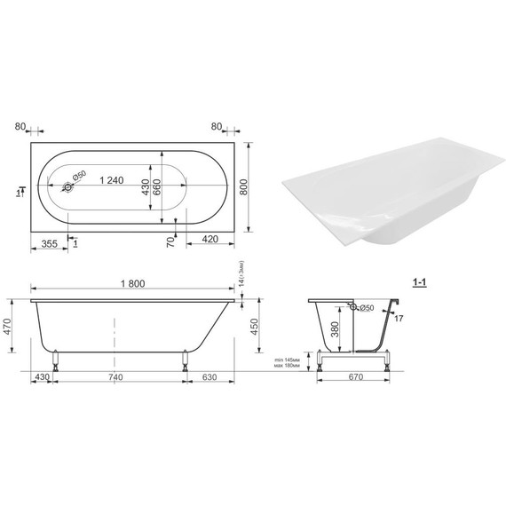 Ванна каменная Эстет Chester slim 180x80 см ФР-00015339 (тонкий бортик) - фото 6